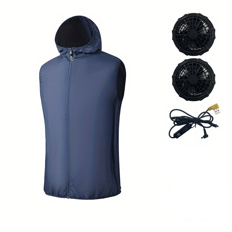 (image for) TENGOO Air Conditioning Hooded Vest Three Wind Speeds Heatproof Cooling Clothing USB Charging Sun Protection Continuous Cooling Jacket with Two Fans for Summer High Temperature Outdoor Work